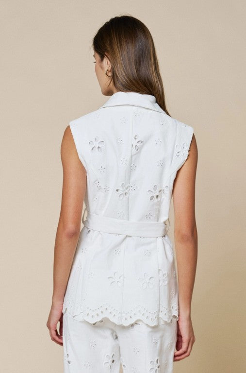 Embroidered Sleeveless Belted Top