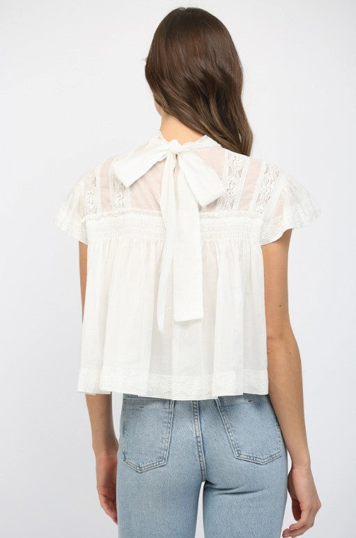 Short Sleeve Ruffled with Neckband and Bow Top