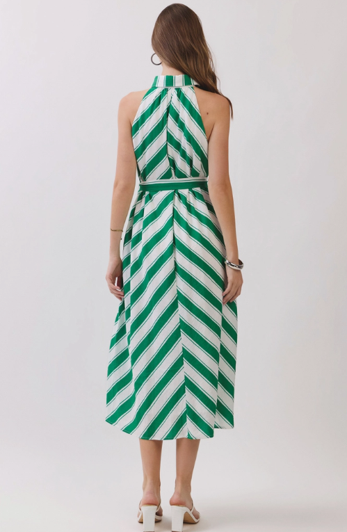 Striped Sleeveless Collared Midi Shirt Dress