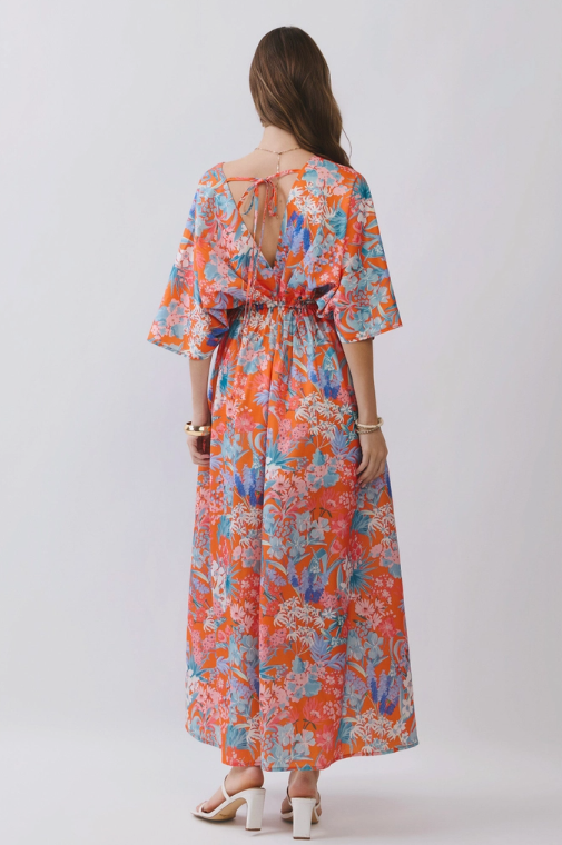 Floral V Neck Empire Waist Maxi Dress