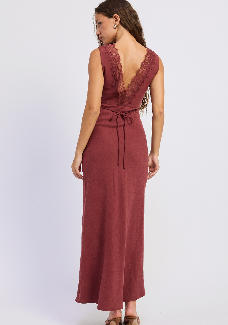 V Neck Lace Trim Midi Dress