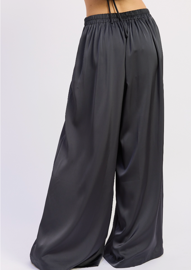 Wide Leg Satin Pants With Front Pleats