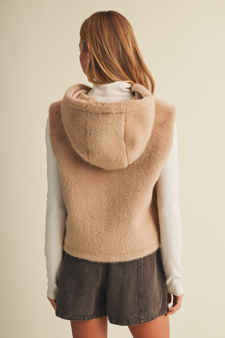 Integrated Hood Plush Faux Fur Vest