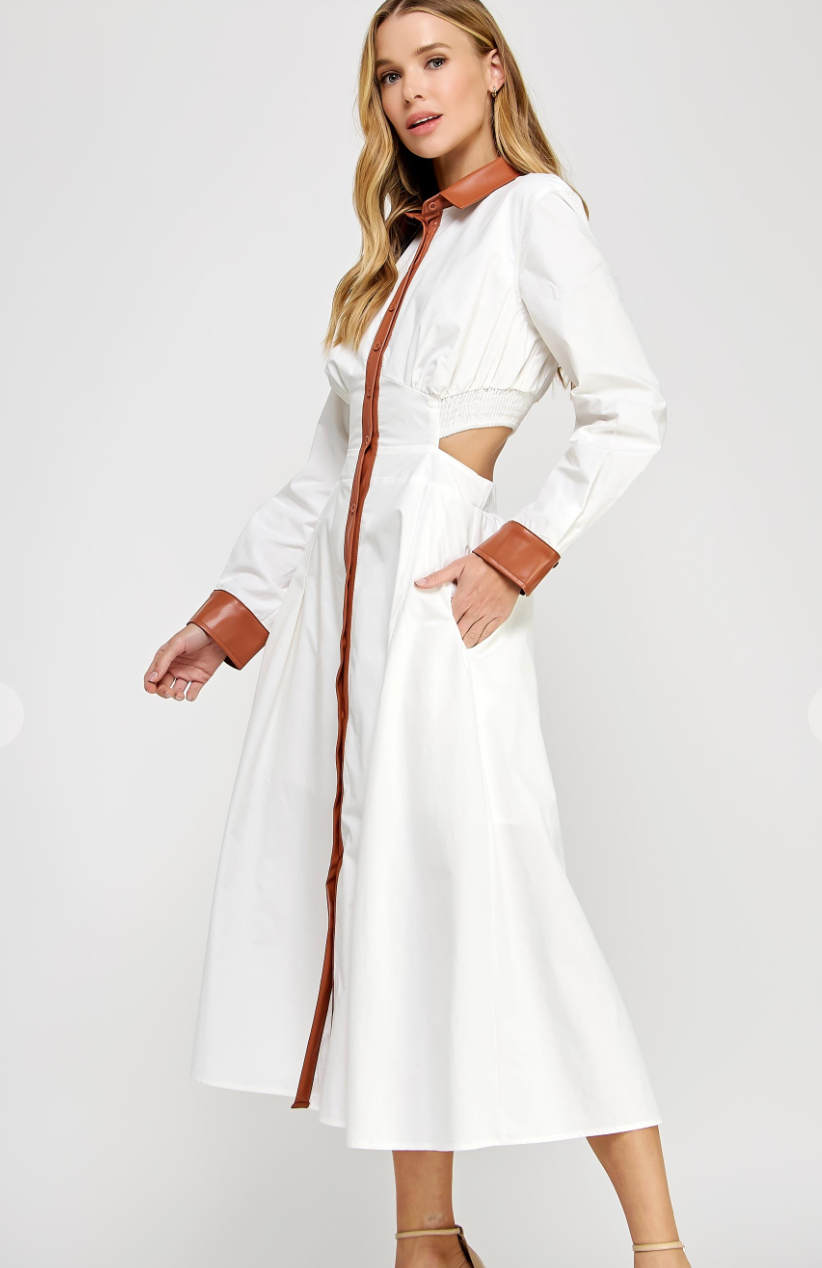 Faux Leather Contrast Poplin Midi Dress