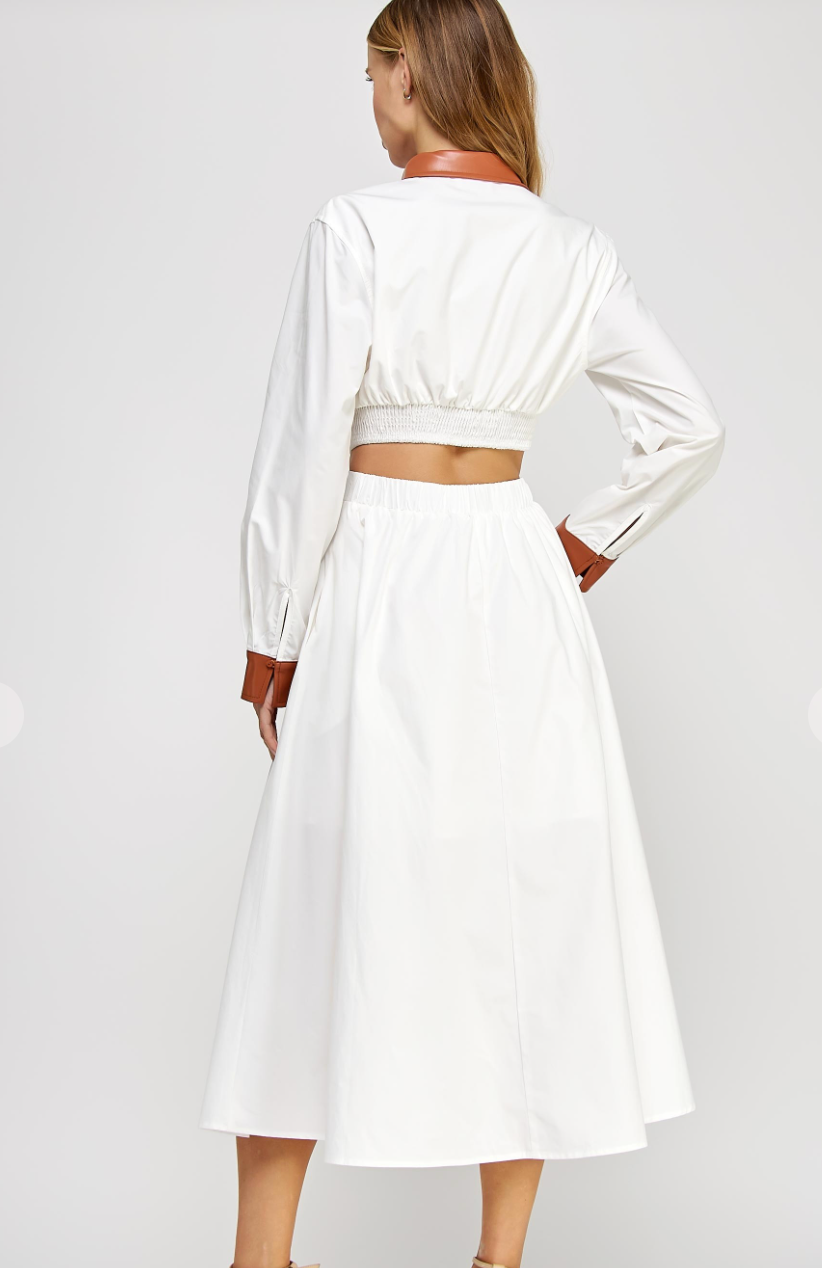 Faux Leather Contrast Poplin Midi Dress