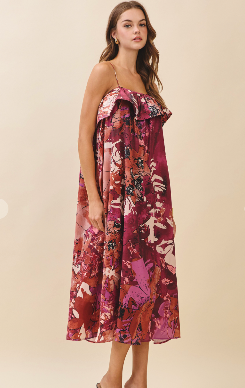 Floral Ruffle Neckline Midi Dress