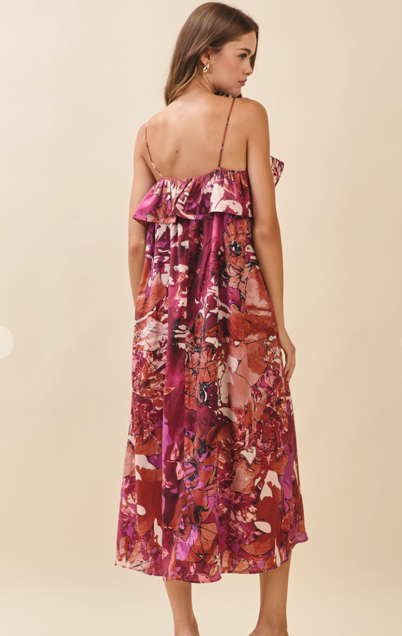 Floral Ruffle Neckline Midi Dress