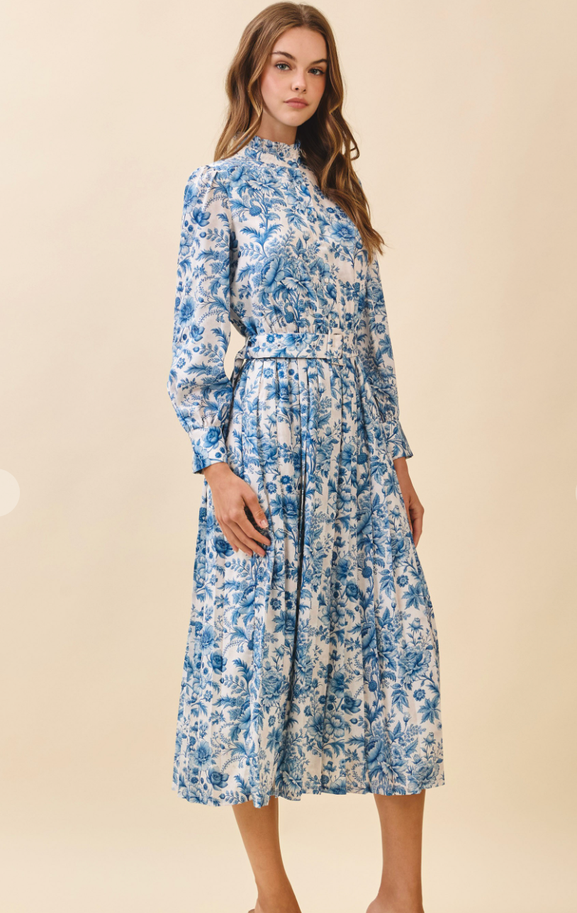Floral Ruffle Neck Midi Dress