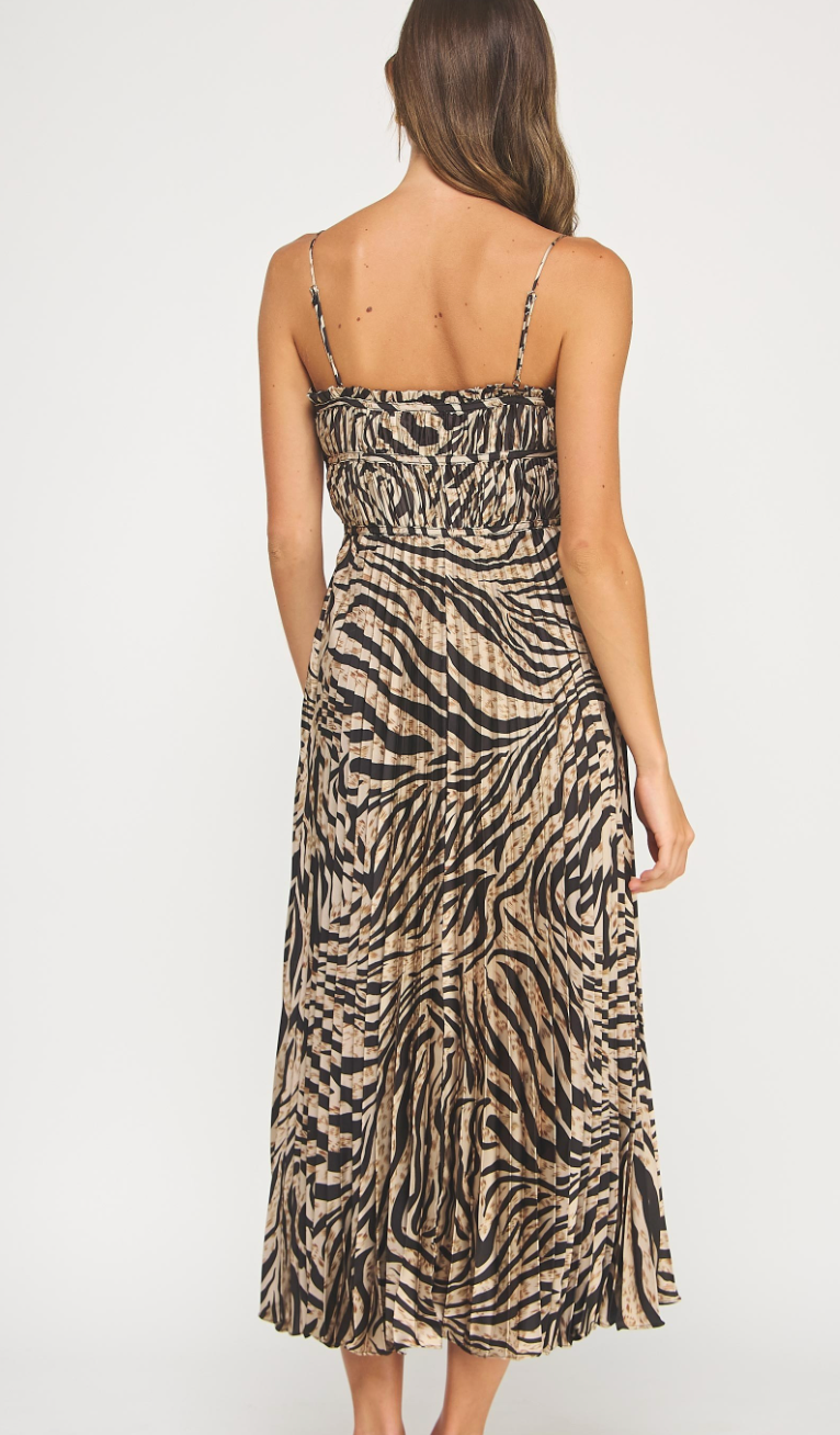 Zebra Print Pleated Satin Midi Dress