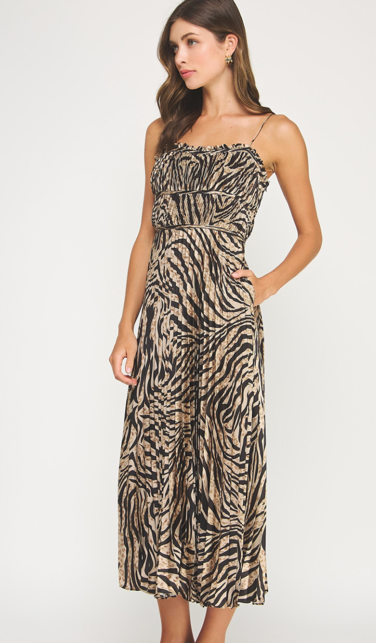Zebra Print Pleated Satin Midi Dress