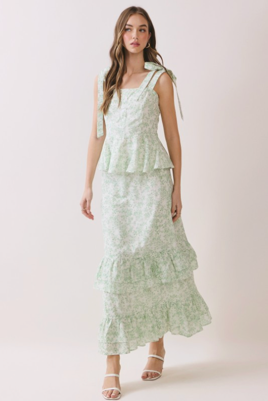 Floral Side Zipper Tiered Ruffle Maxi Skirt