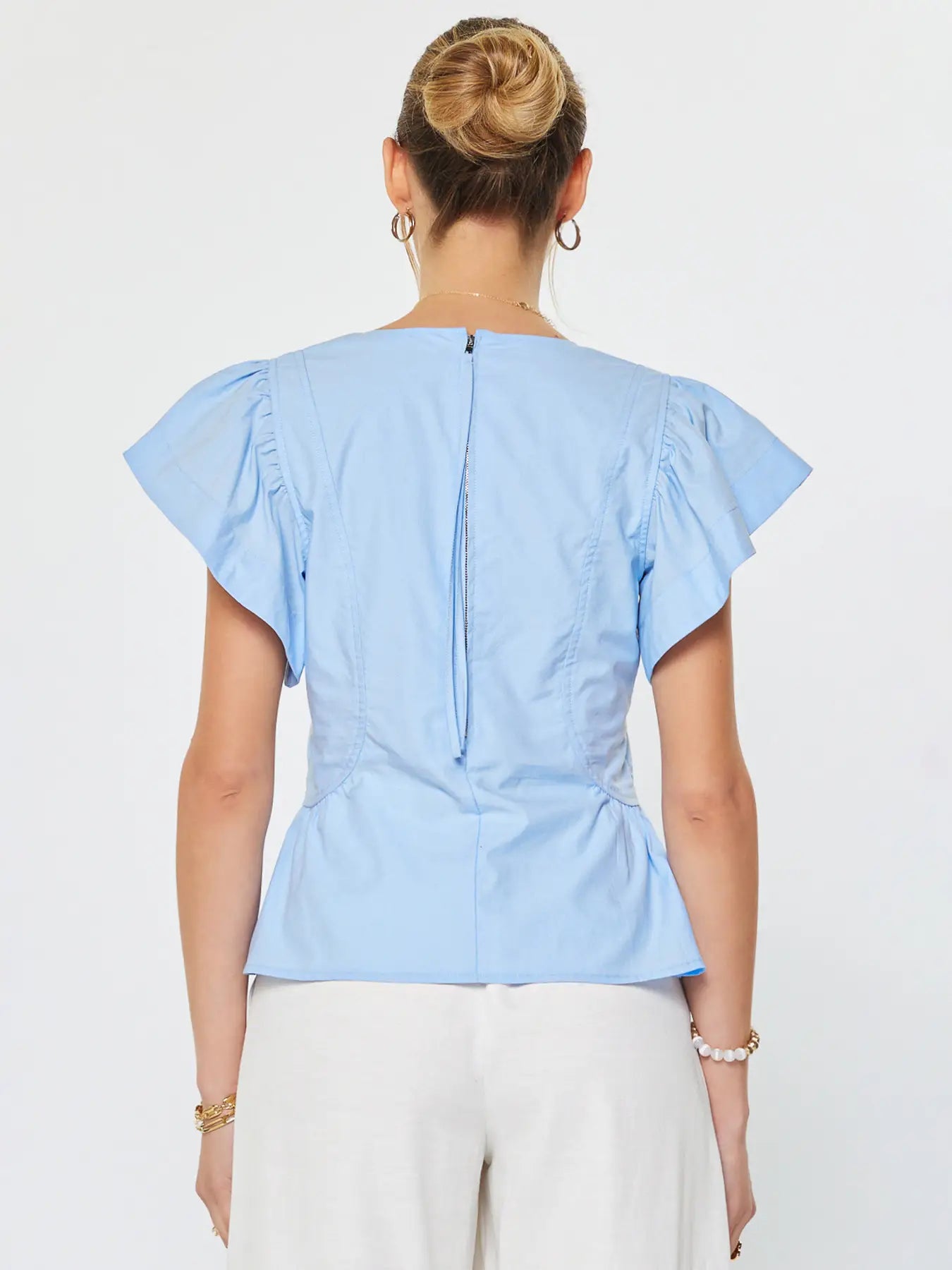 Short Sleeve V-Neck Back Zipper Closure Blouse