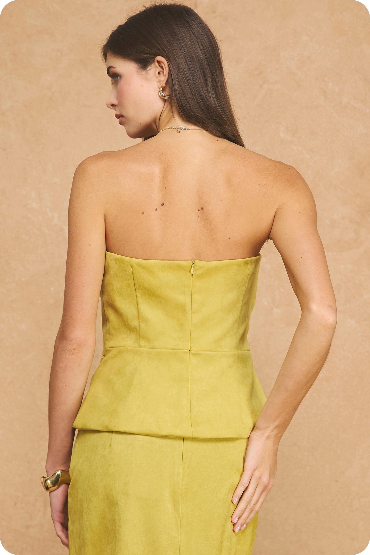 Twisted Panelled Faux Suede Strapless Top