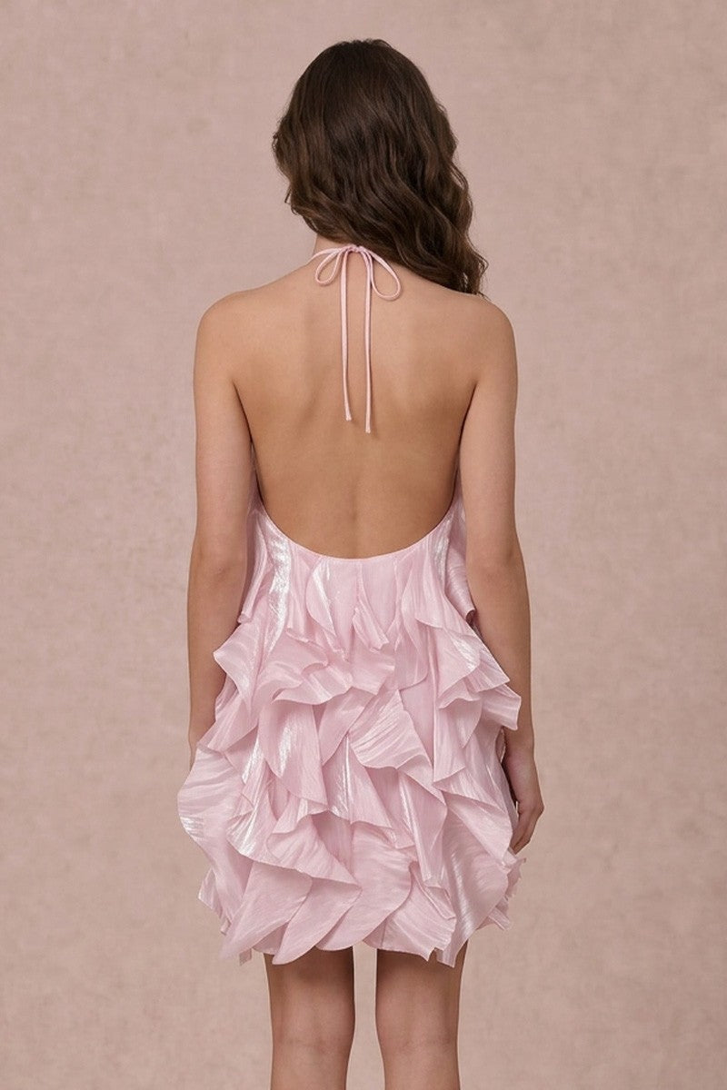 Floral Applique Ruffle Halter Mini Dress