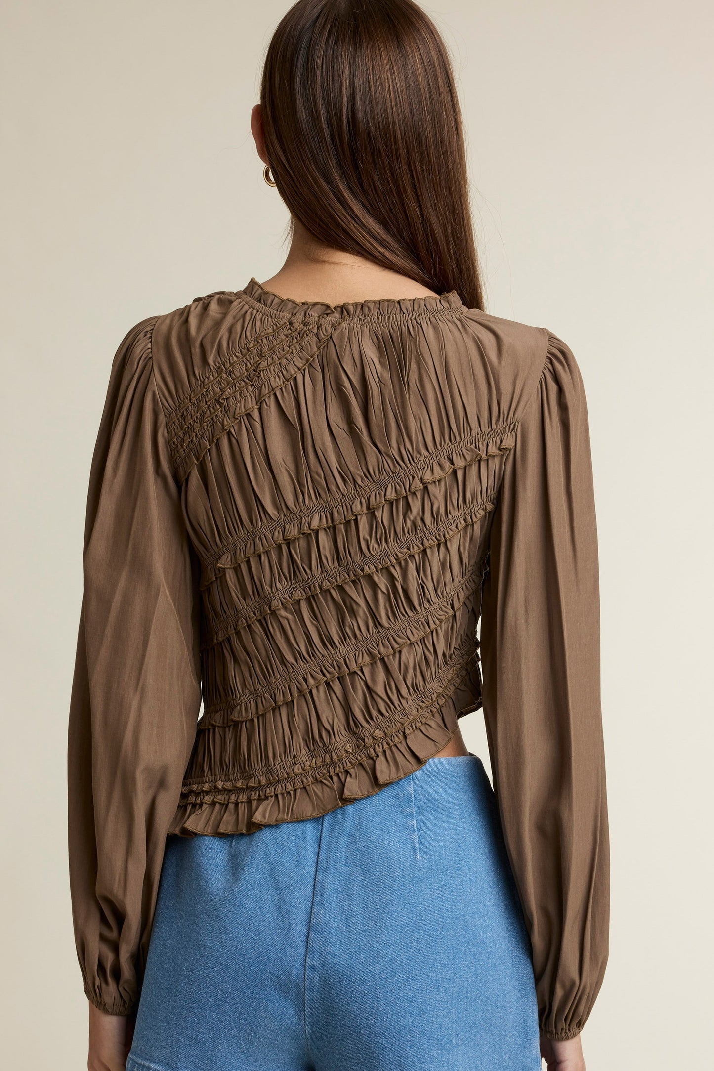 Ruched Long Sleeve Round Ruffle Neck Asymmetrical Hem Top