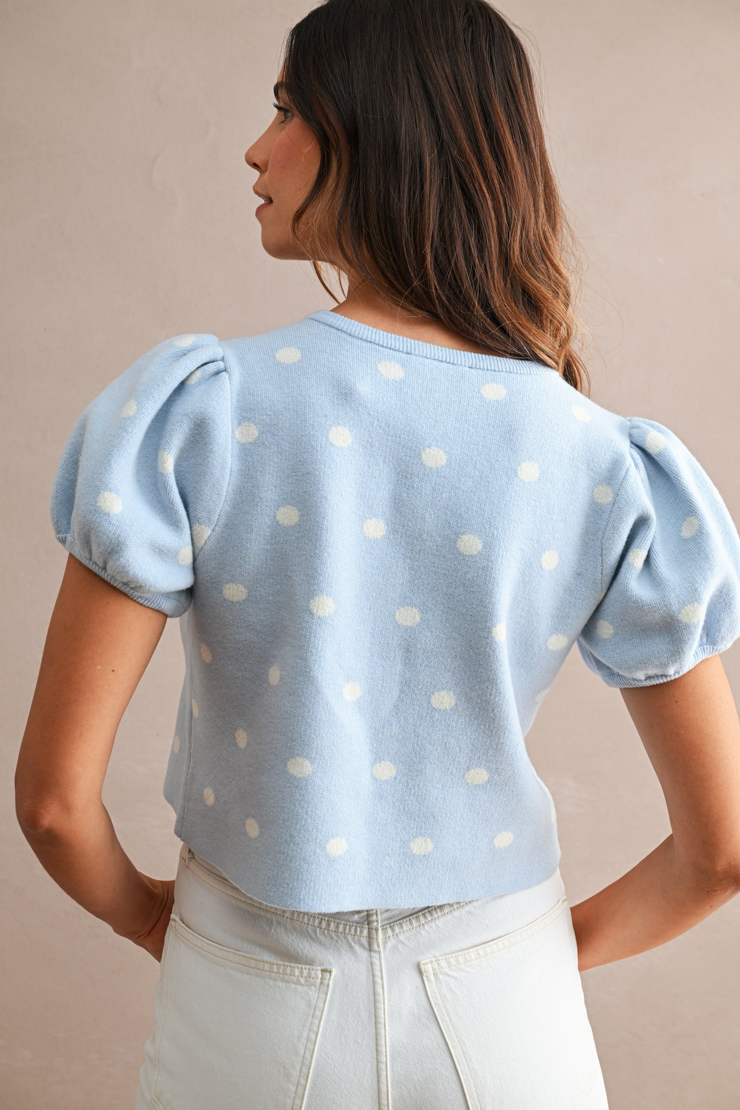 Polka Dot Short Puff Sleeve Button Down Knit Top