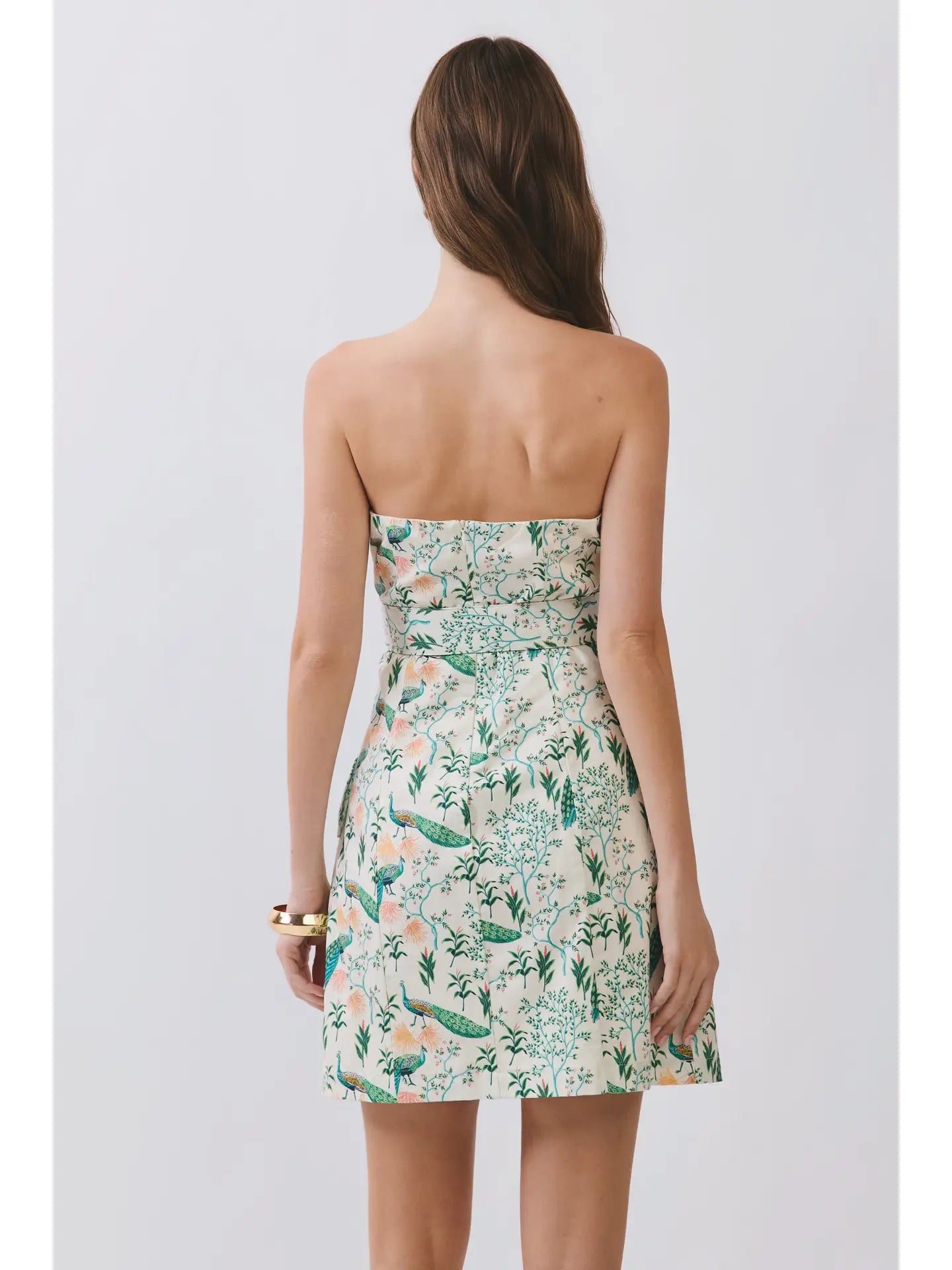 Peacock Print Strapless Mini Dress