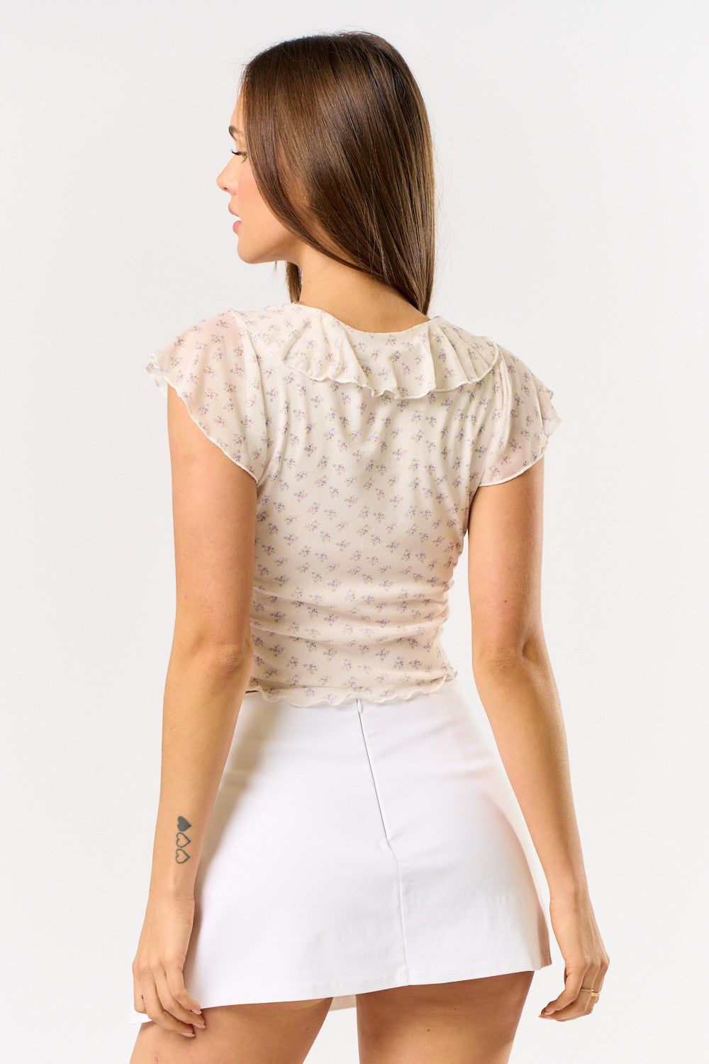 Floral Print Mesh Cap Sleeve Ruffled Crop Top