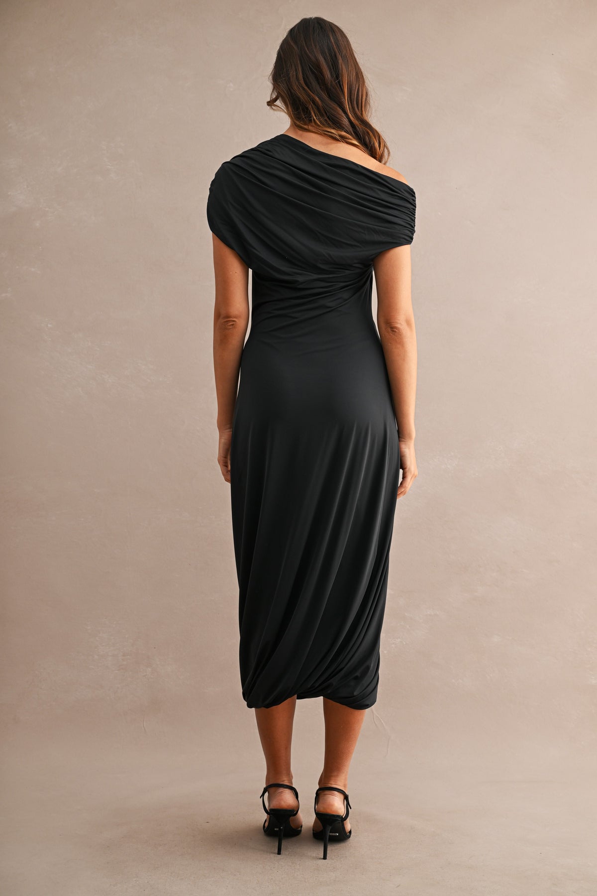 Asymmetric One Shoulder Gathered Draped Midi Dress