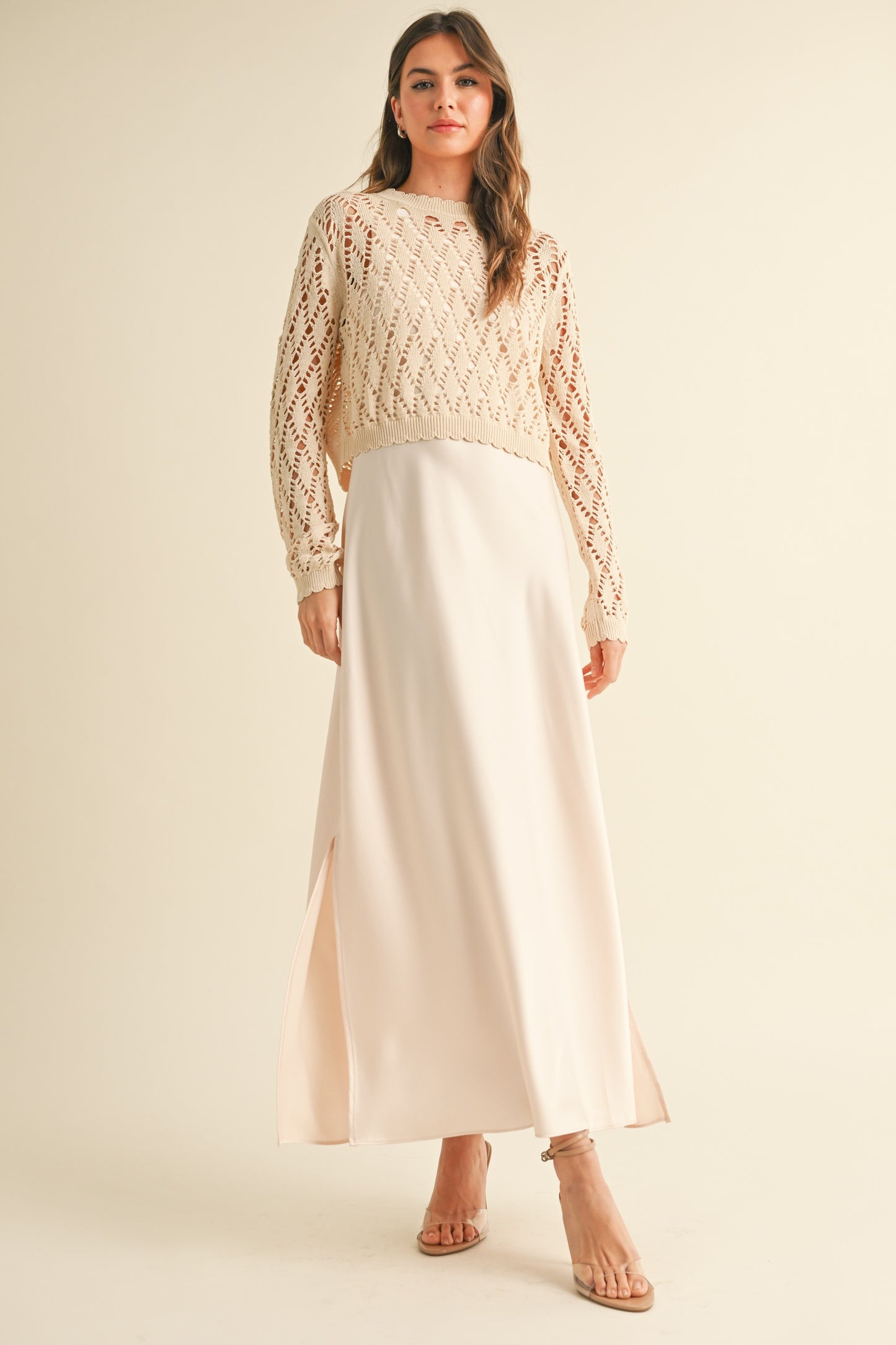 Satin Slip Dress with Crochet Top