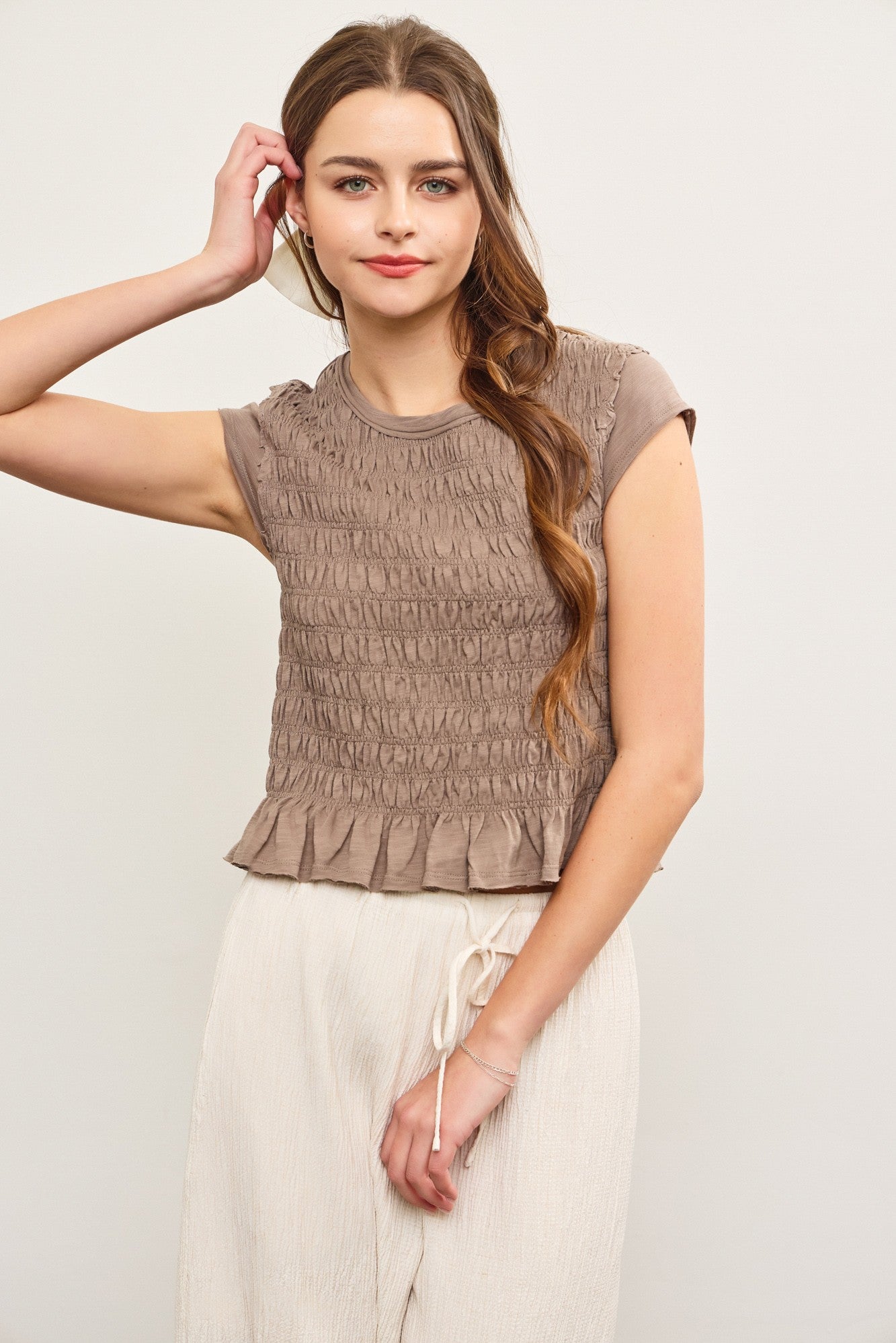 Smocked Cap Sleeve Ruffle Hem Top
