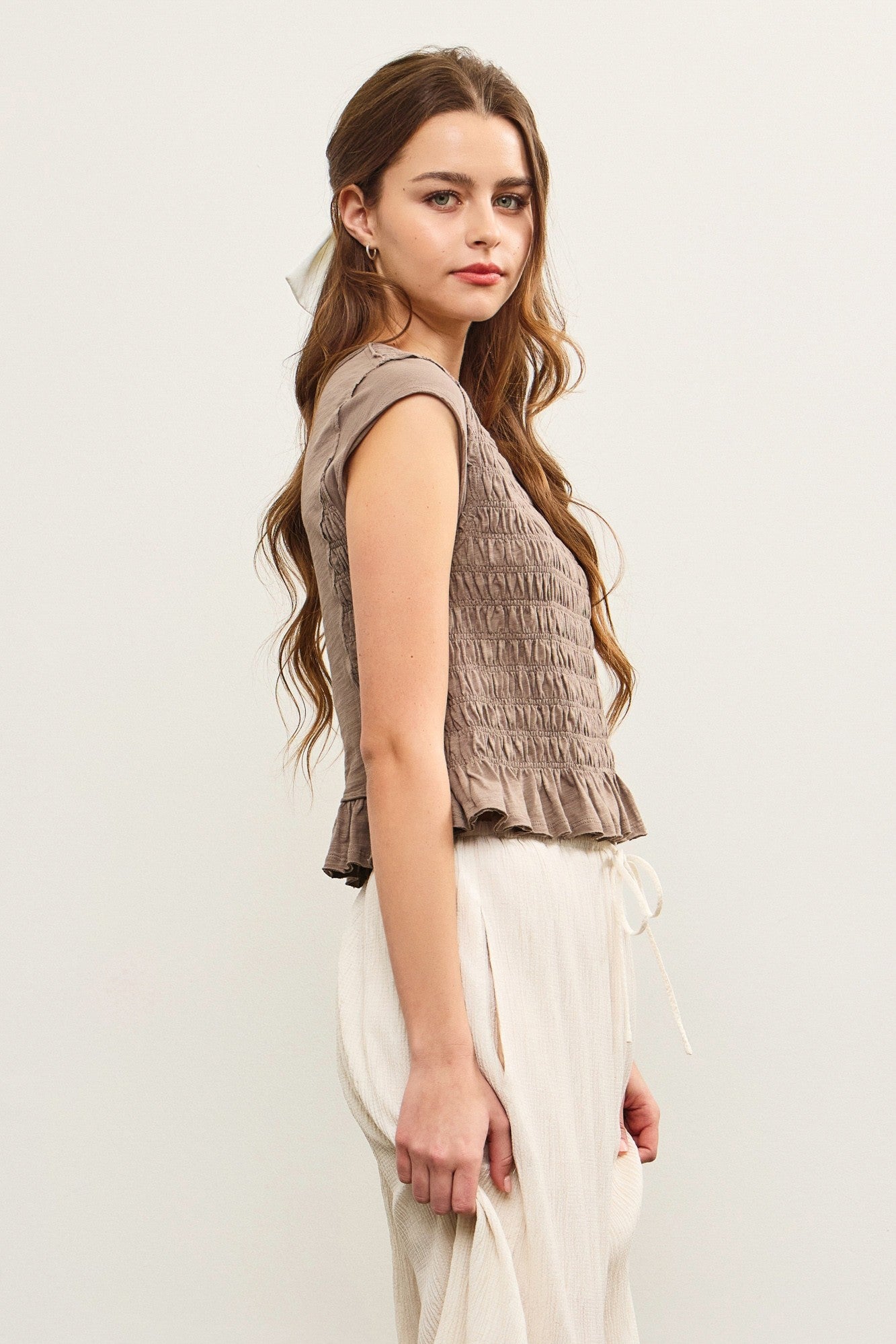 Smocked Cap Sleeve Ruffle Hem Top