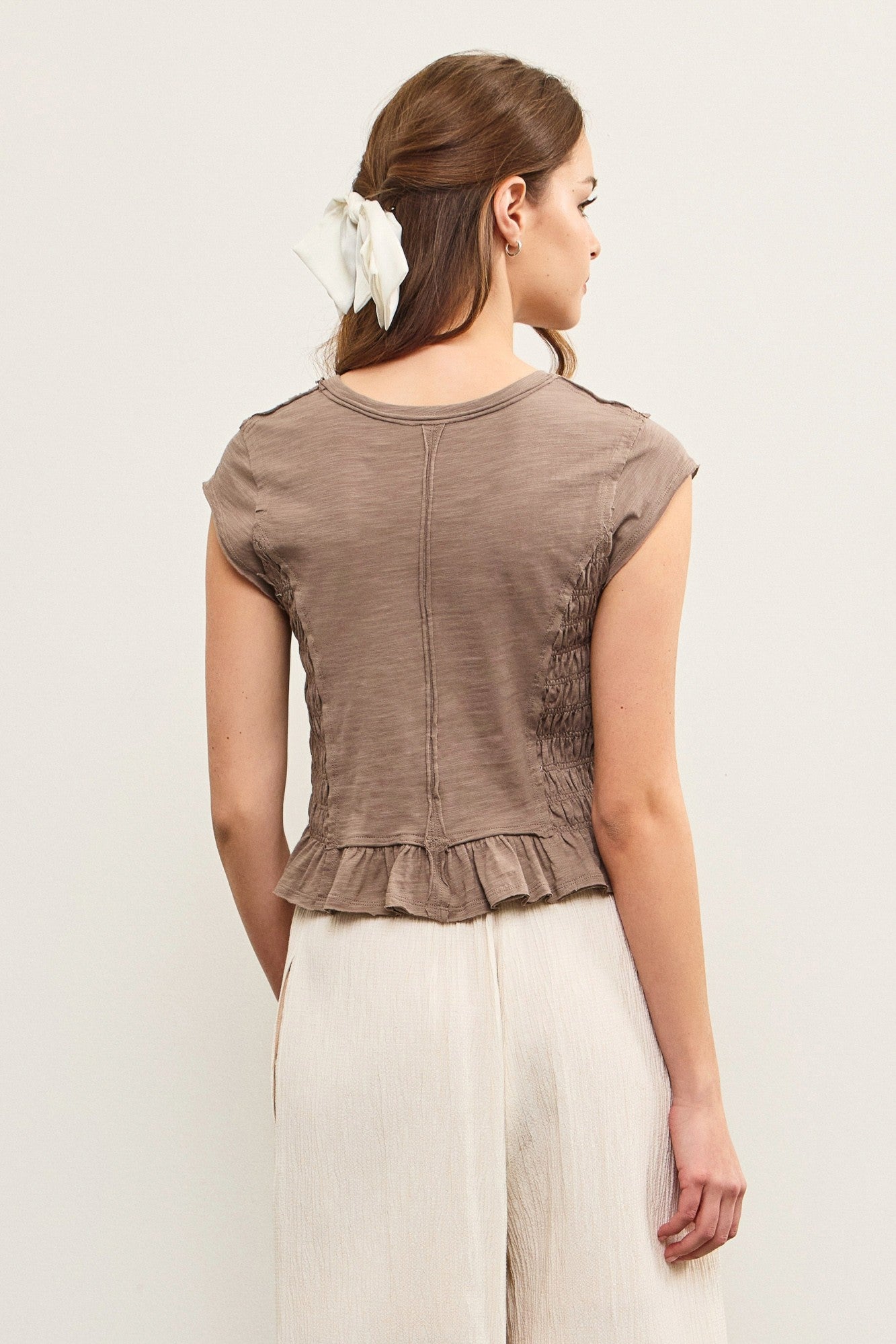 Smocked Cap Sleeve Ruffle Hem Top
