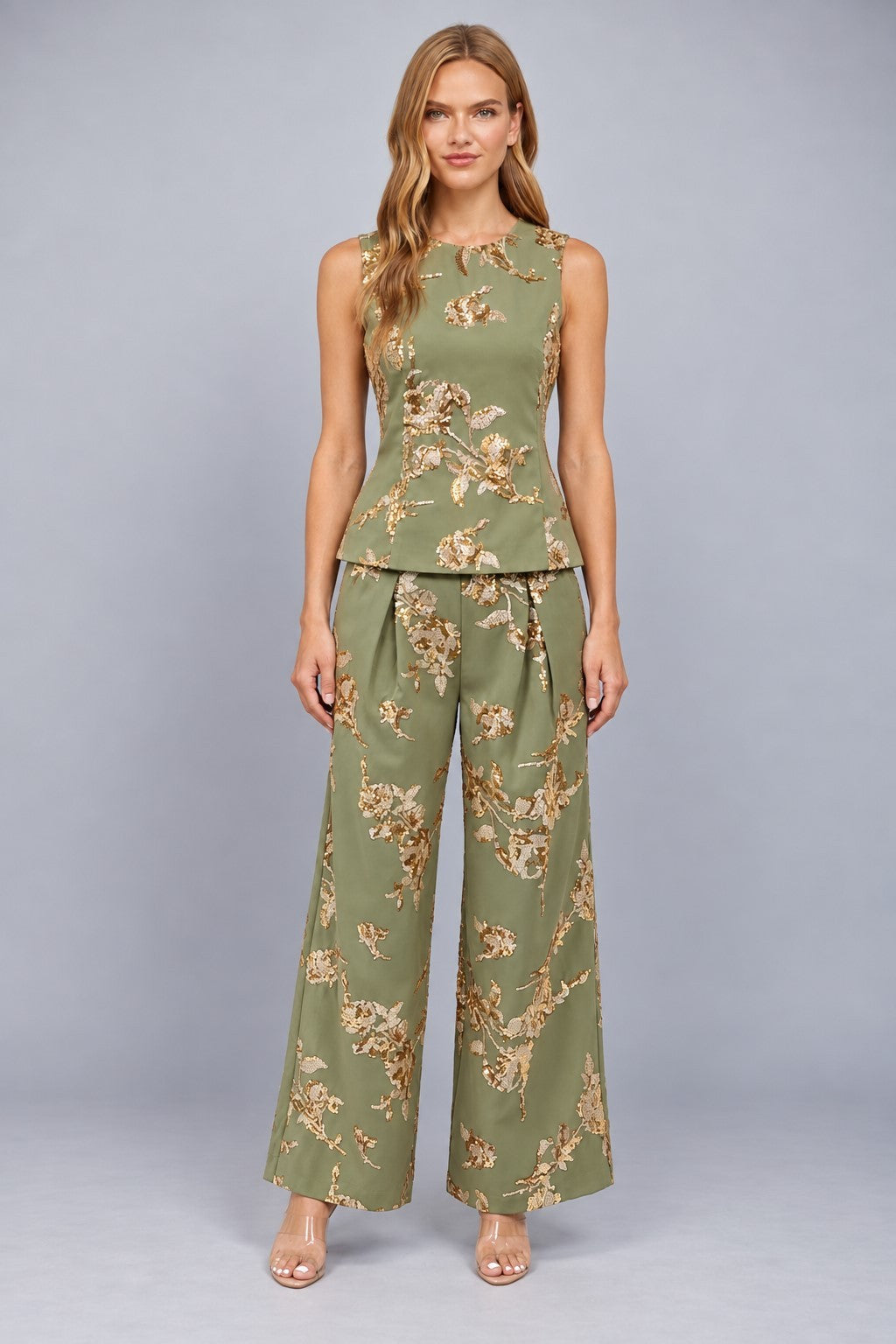 Gold Sequin Floral Wide Leg Pants