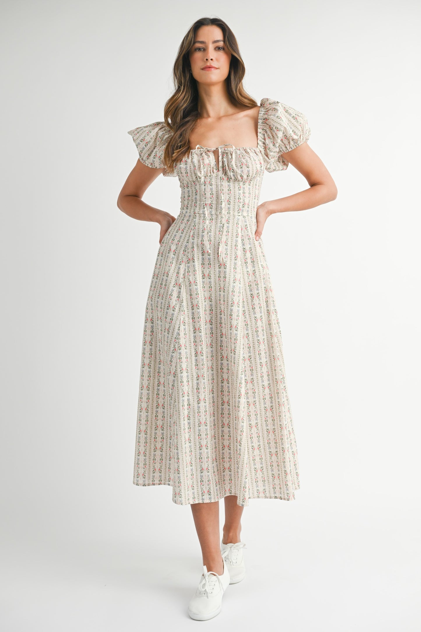 Striped Floral Print Puff Sleeve Dress