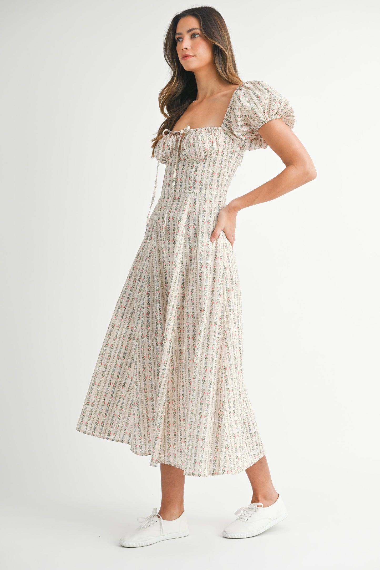 Striped Floral Print Puff Sleeve Dress