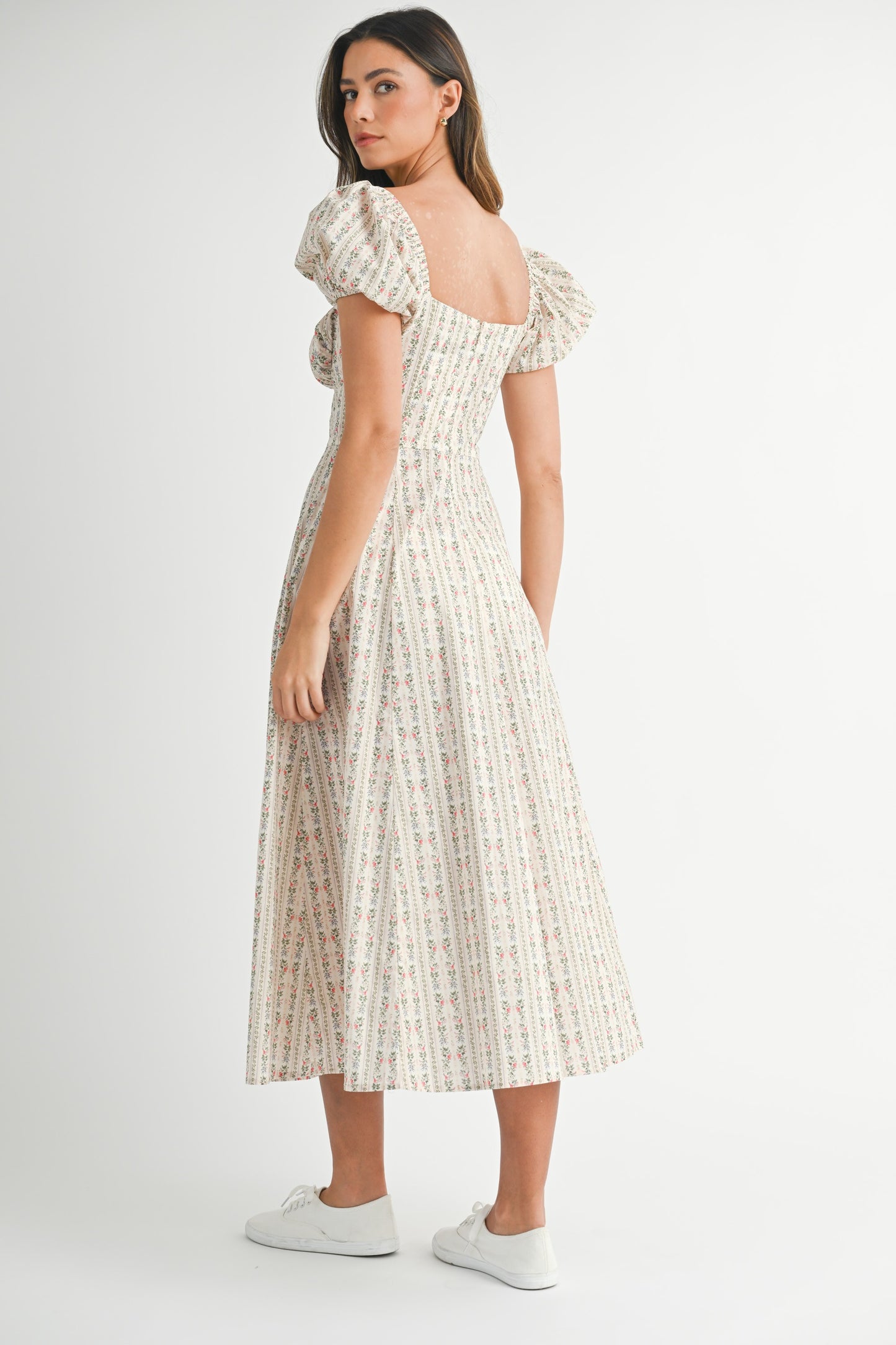 Striped Floral Print Puff Sleeve Dress