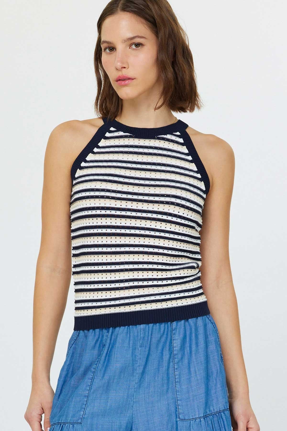 Striped Halter Neck Sweater Tank