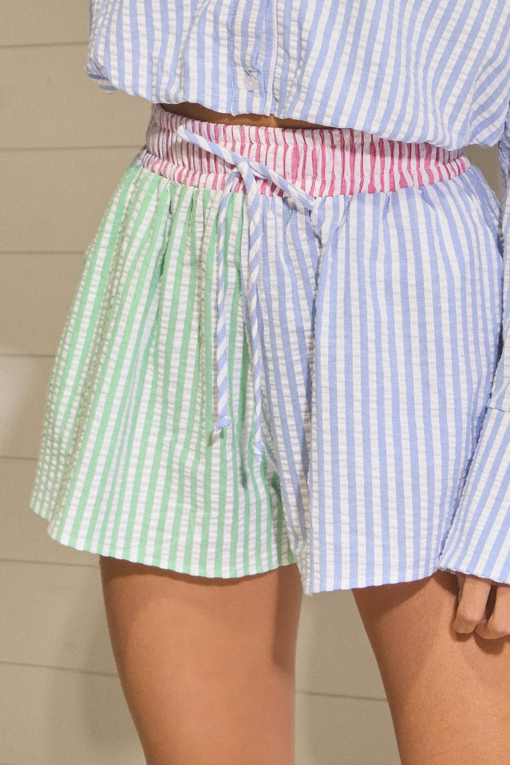 Striped Seersucker Patchwork Shorts