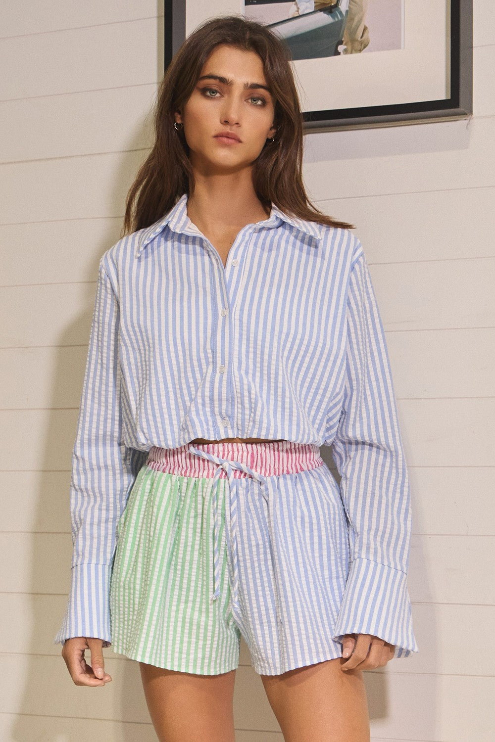 Striped Seersucker Patchwork Shorts