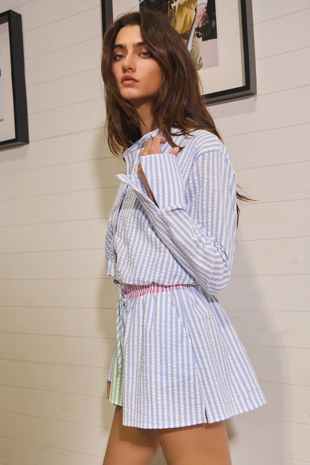 Striped Seersucker Patchwork Shorts