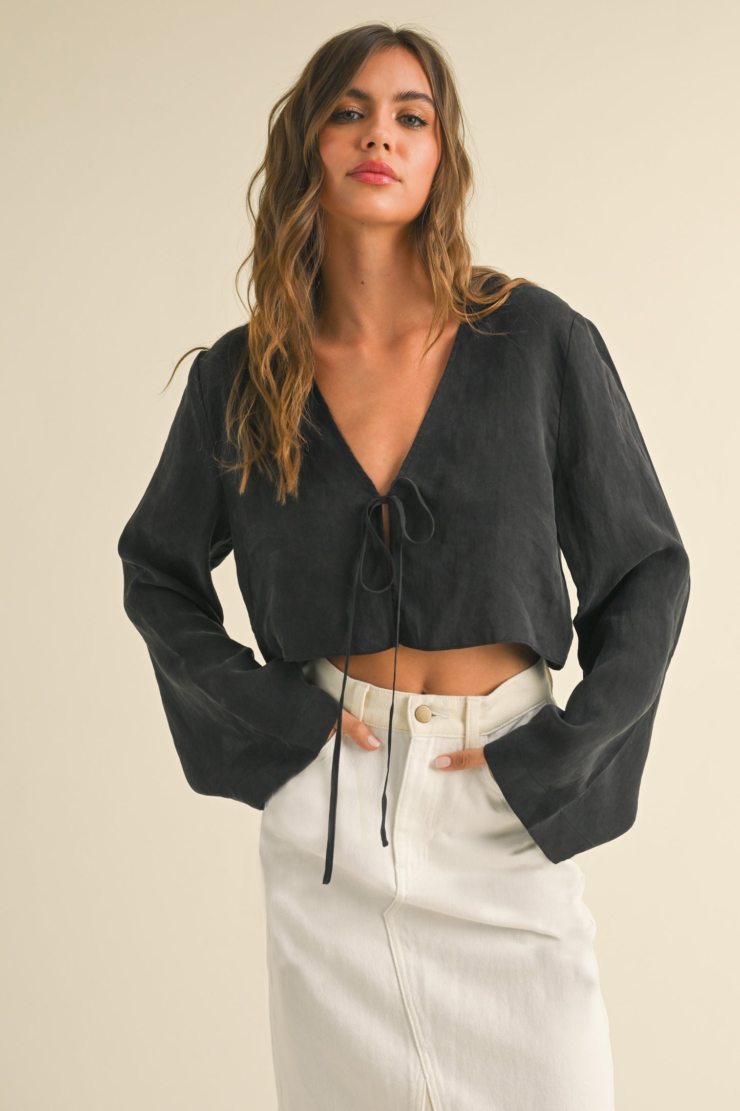 Viscose Long Sleeve Tie Front Top