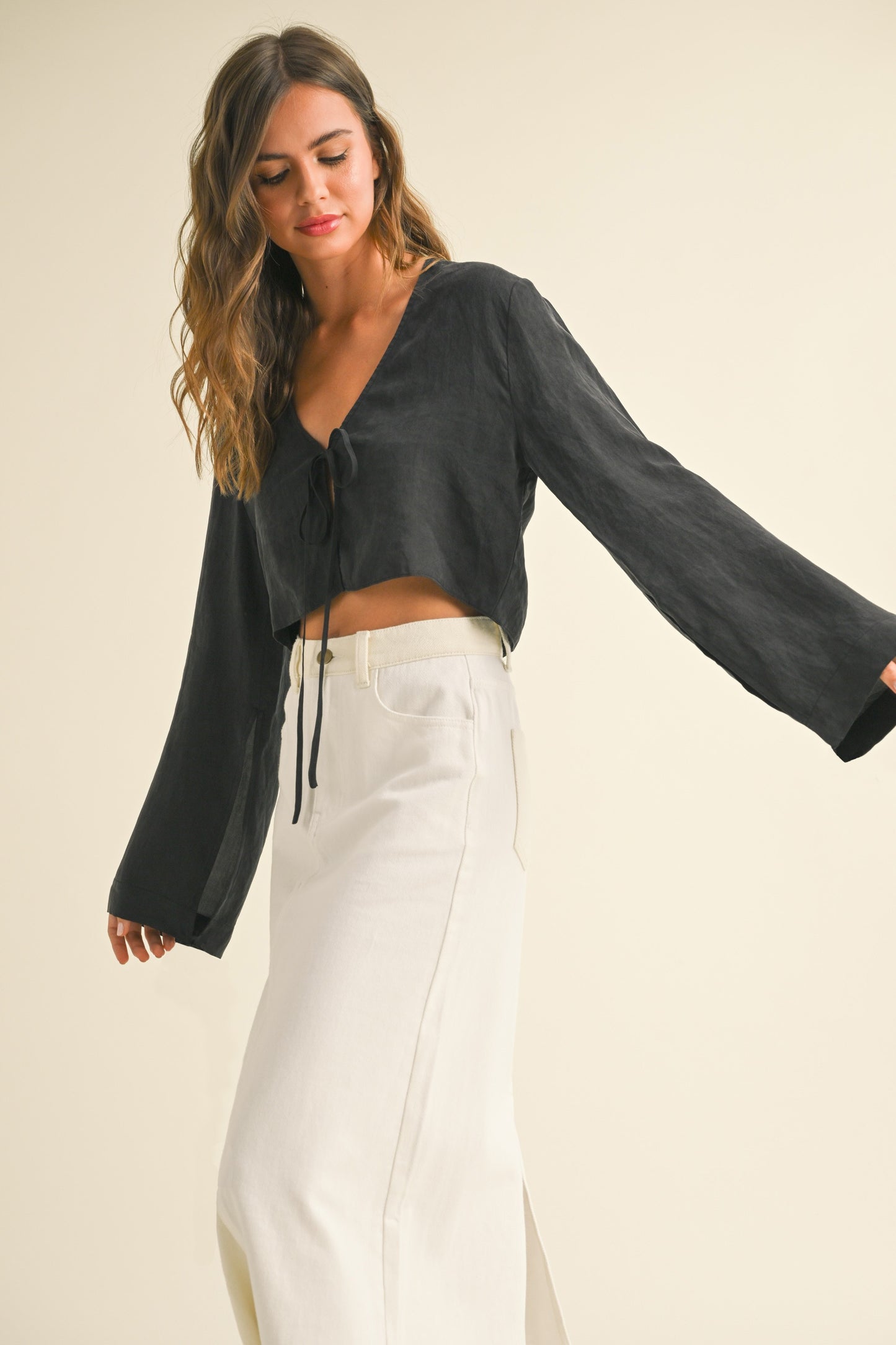 Viscose Long Sleeve Tie Front Top