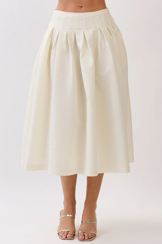 Textured Pleated High Rise Midi Skirt