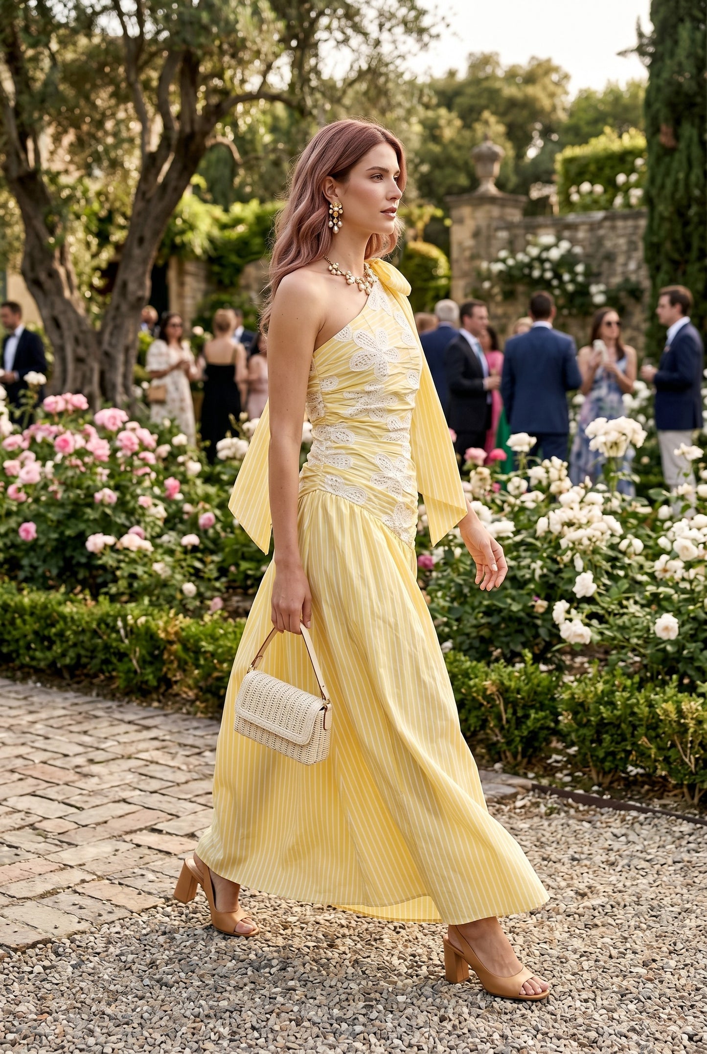 One Shoulder Pleated Maxi Dress In Embroidery