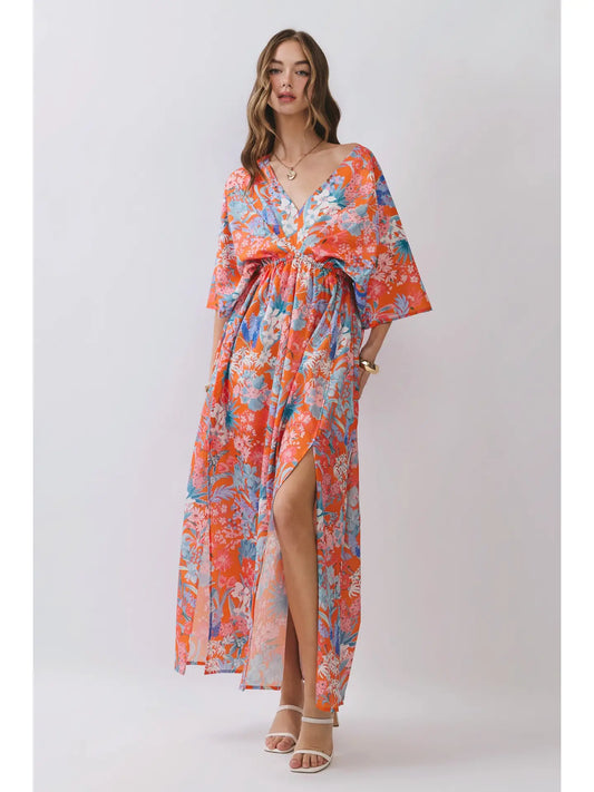 Floral V Neck Empire Waist Maxi Dress