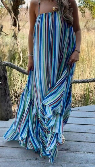 Asymmetrical Tiered Hem Striped Maxi Dress