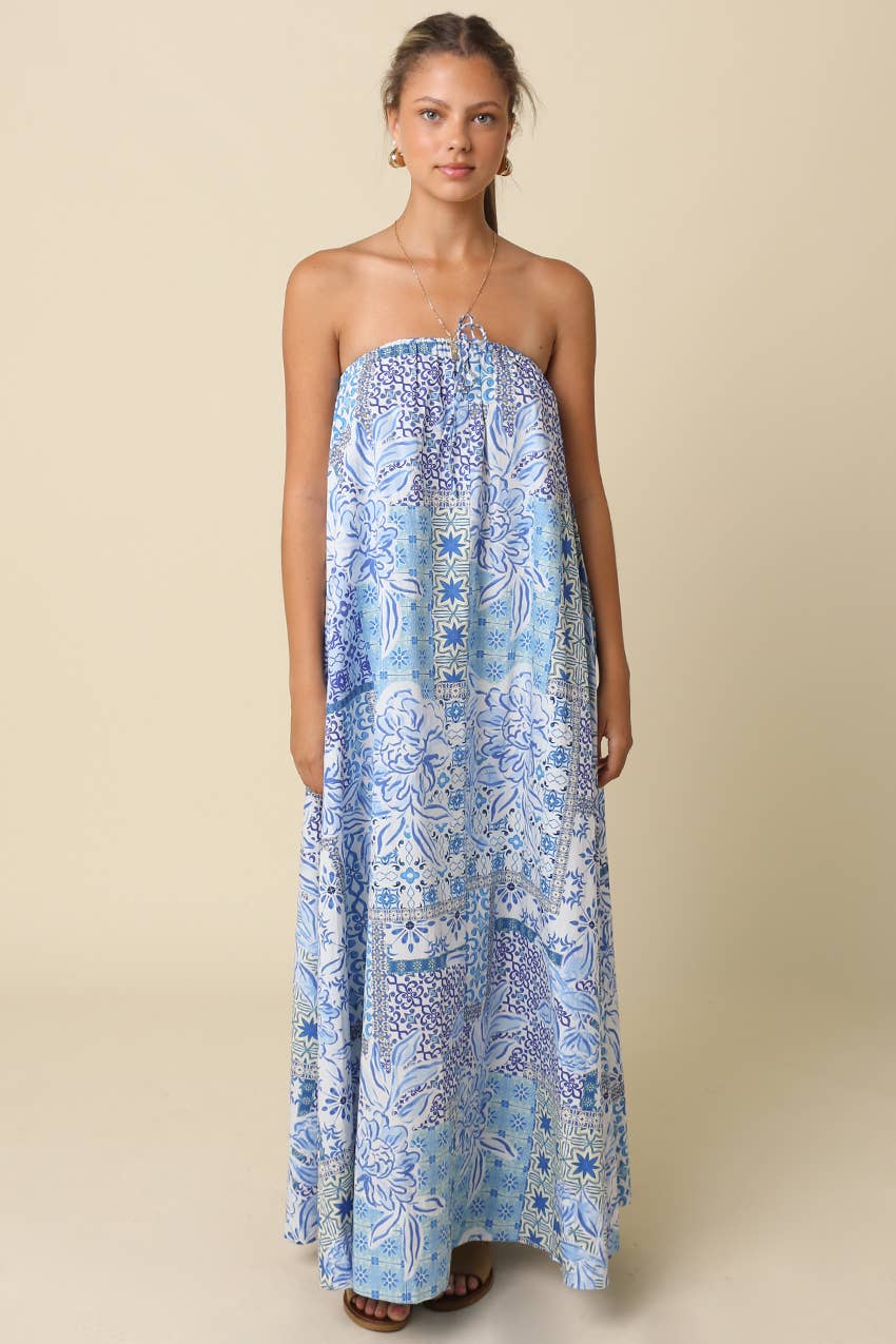 Clover Tile Print Strapless Maxi Dress