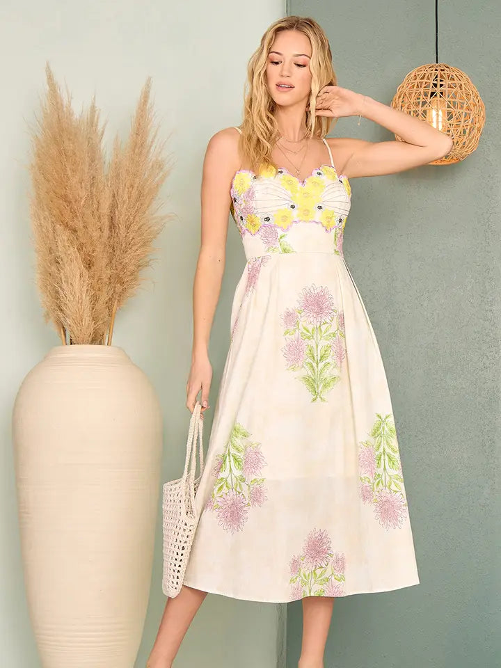 Embroidered Floral Midi Dress