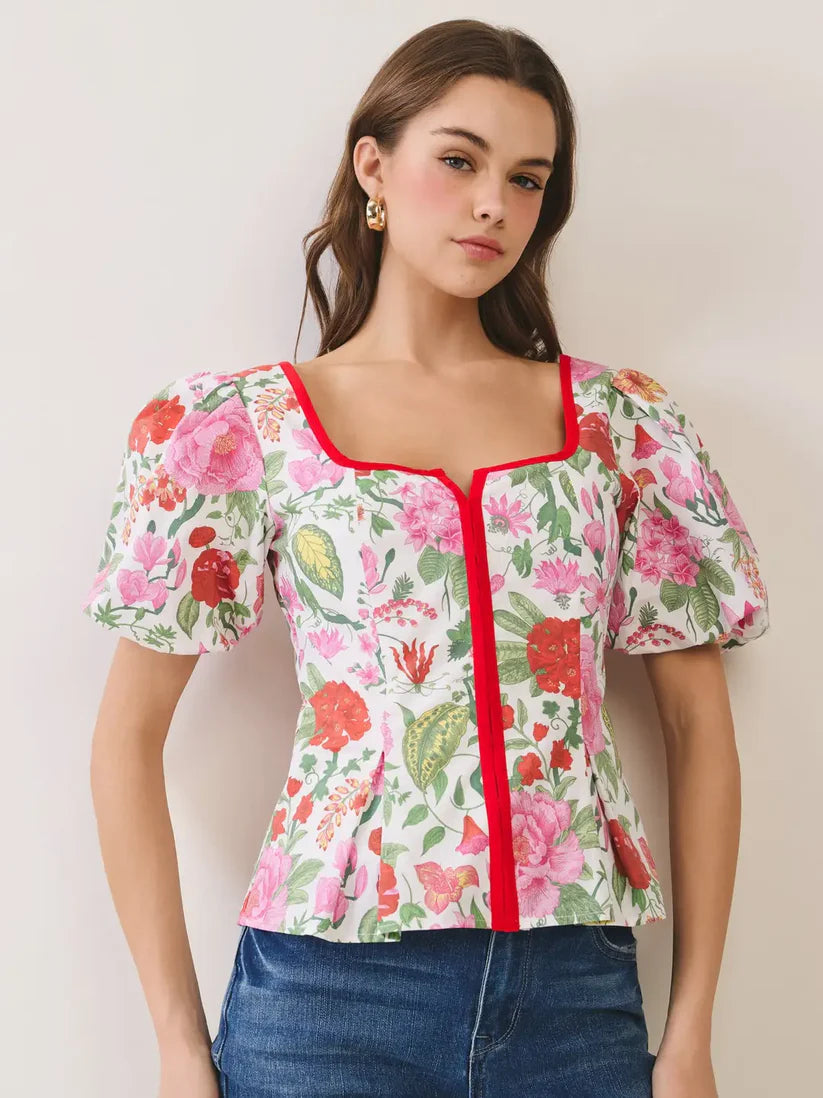 Floral Print Contrast Trim Puff Sleeve Peplum Top