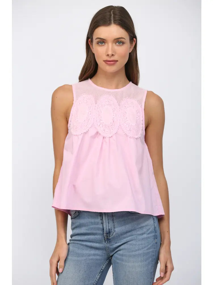 Contrast Mesh Yoke Detail Lace Trimmed Top