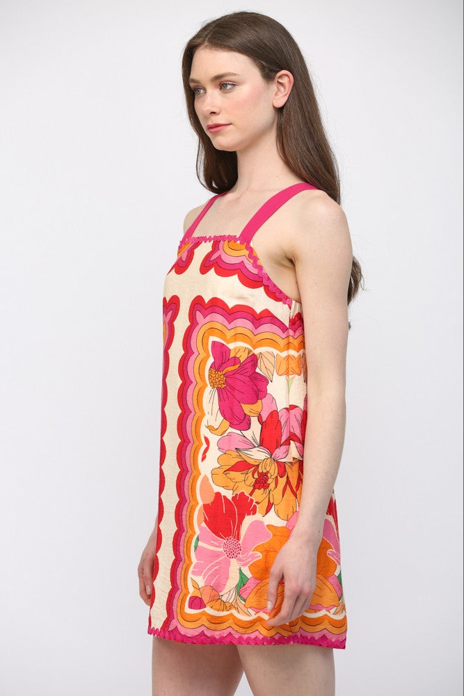 Ric-rac Trimmed Wide Shoulder Strap Floral Dress