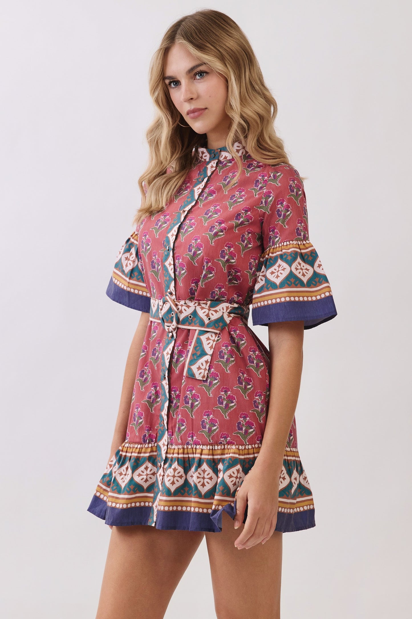Printed Belted Mini Dress With Contrast Border