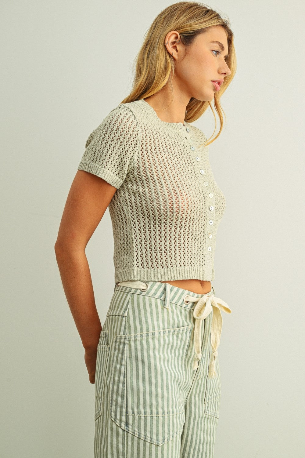 Button Front Short Sleeve Knitted Top