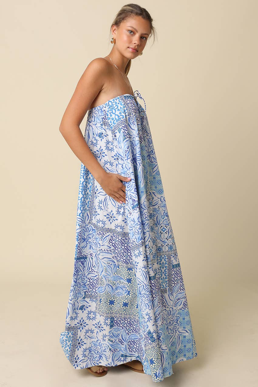 Clover Tile Print Strapless Maxi Dress