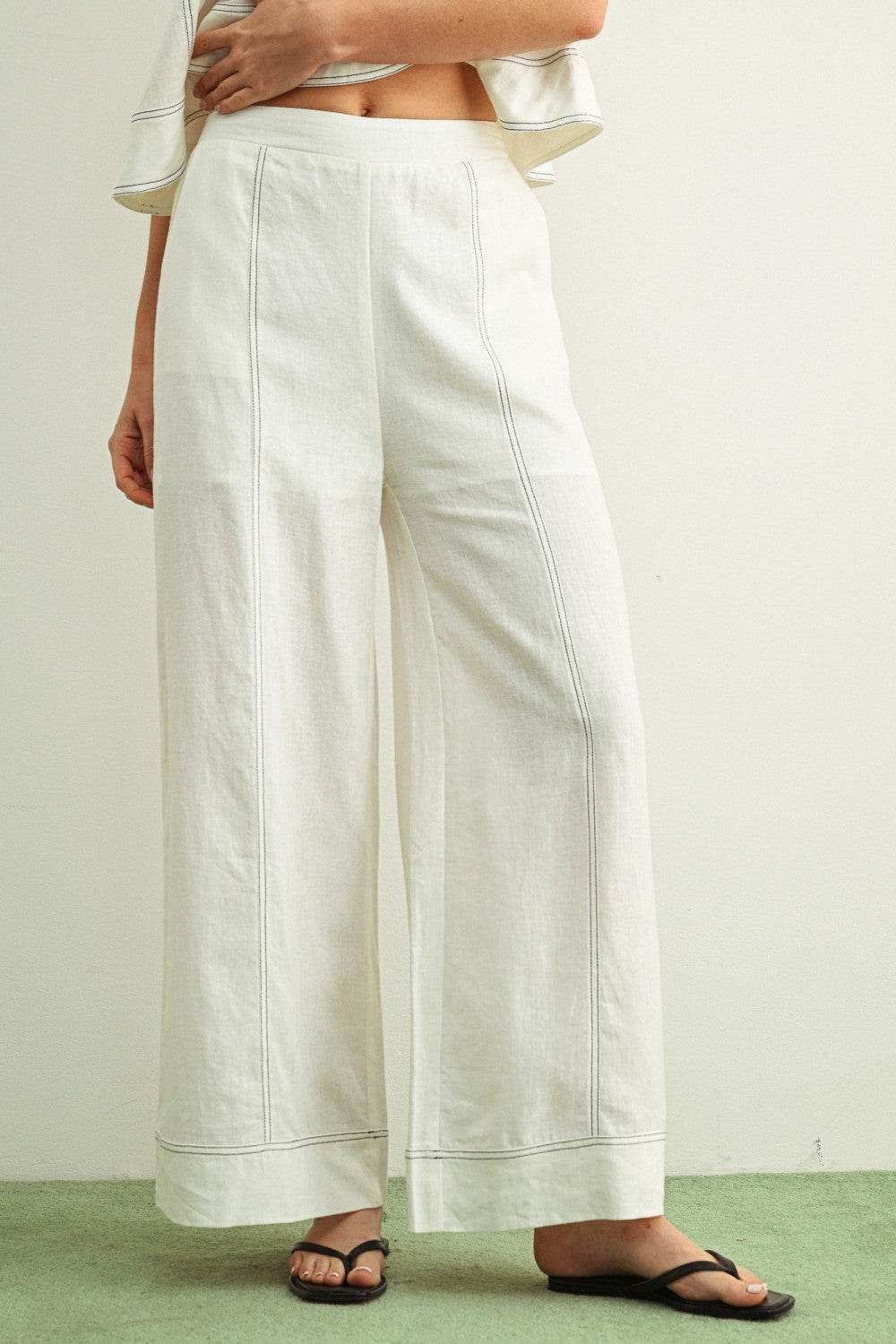 Stitch Detailed Wide Leg Linen Pants